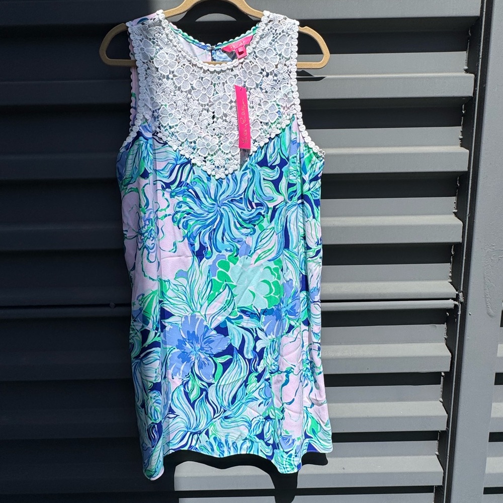 Lilly Pulitzer Blue and Green Floral Dress with White Lace